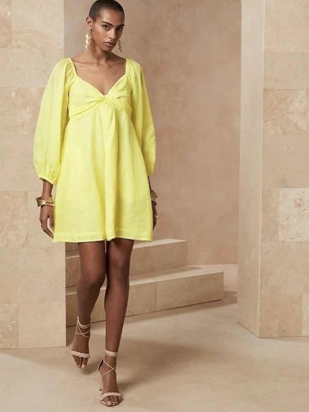 Banana Republic Yellow Twist Knot Front Ramie Babydoll Mini Dress S Cottagecore